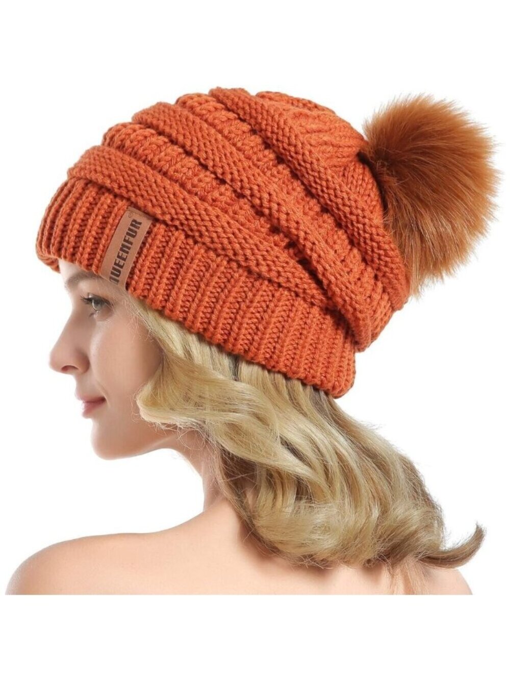 Women Orange Soft Acrylic Thick Baggy Knit Winter Faux Fur Pompom Beanie